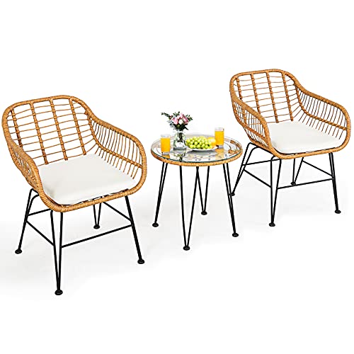 Tangkula 3 Pieces Patio Conversation Bistro Set, Outdoor Wicker Furniture w/Round Tempered Glass Top Table & 2 Rattan Armchairs, Bistro Chat Set w/Seat Cushions for Porch, Backyard, Garden