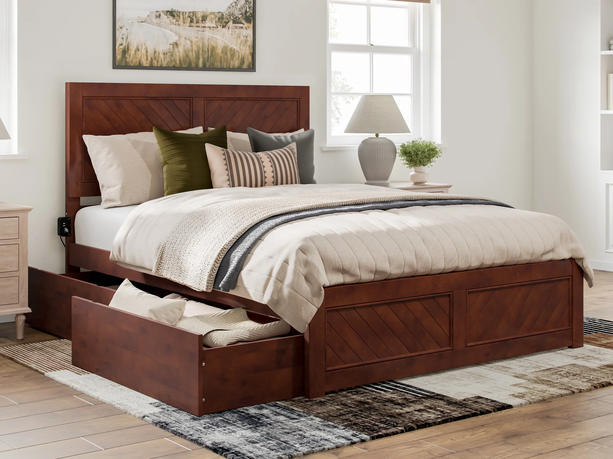 AFI Canyon Walnut Solid Wood Platform Bed with Matching Footboard & Storage Drawers, Queen