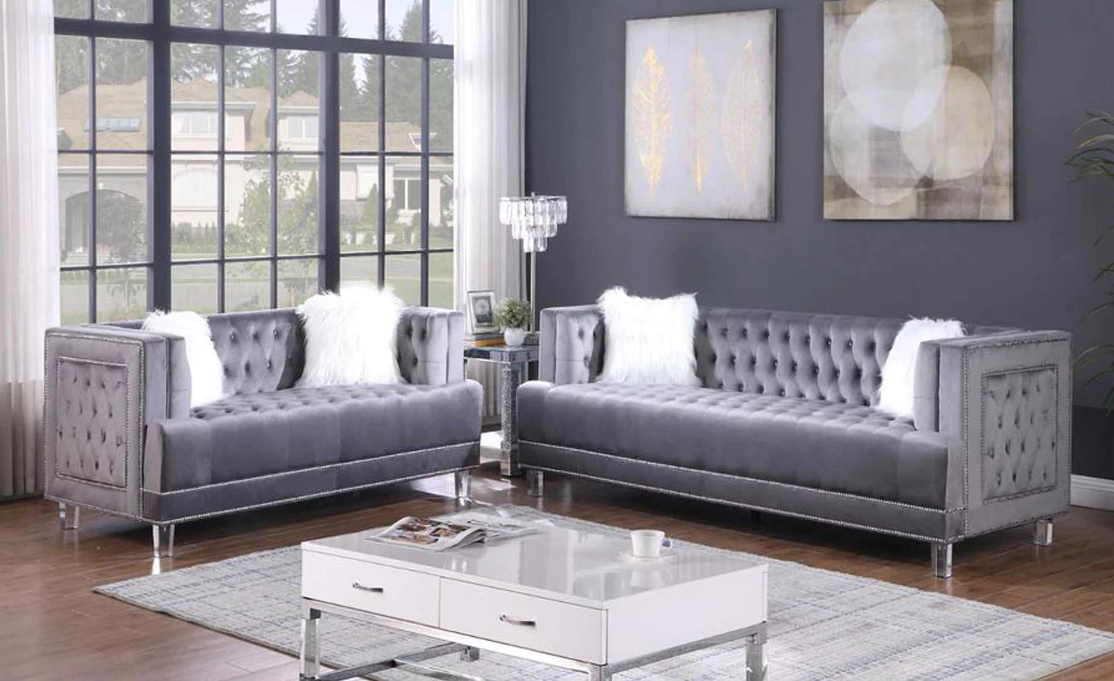 Gray Velvet Fabric Sofa & Loveseat Set 2Pcs Modern McFerran SF2009