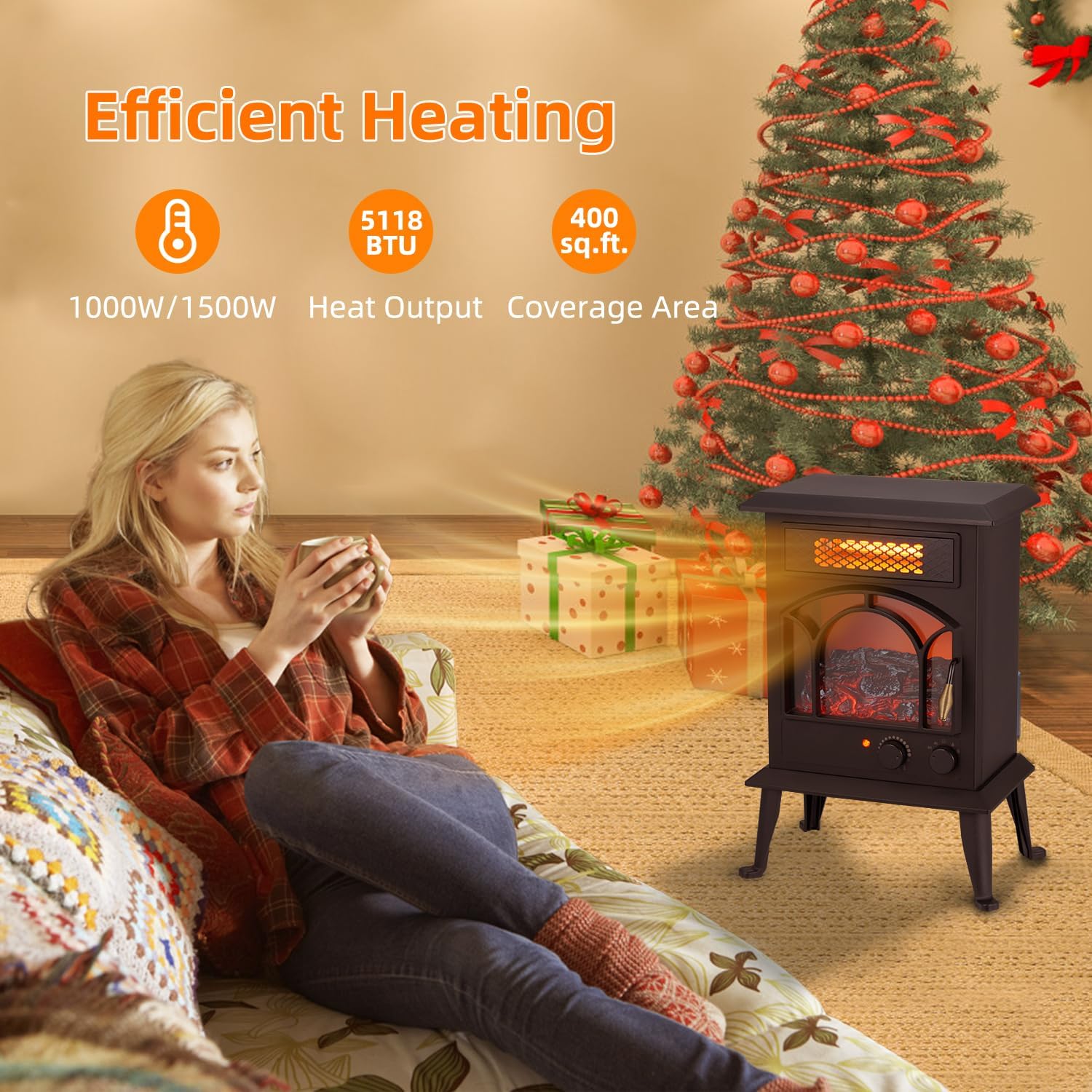 Standing Electric Fireplace Heater – 1500W Portable Infrared Stove with Realistic Flame Effects, 2 Heat Settings, Cool-Touch Exterior, Overheat Safety Shutoff
