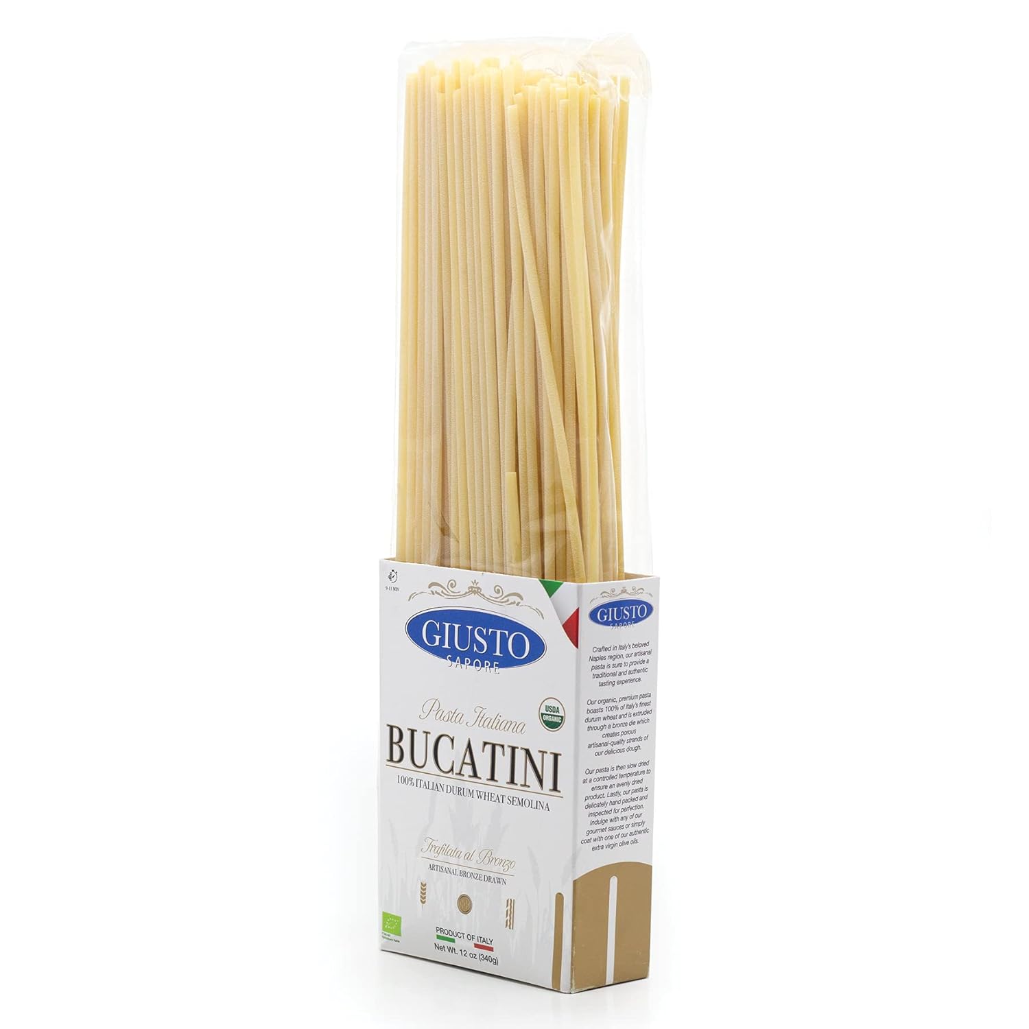 Giusto Sapore Imported Artisanal Bucatini Italian Pasta, Organic Bronze Drawn, 340G