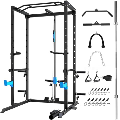 Power Cage, Multi-Functional Power Rack with J-Hooks, Dip Handles, Landmine Attachment and Optional Cable Pulley System for Home Gym