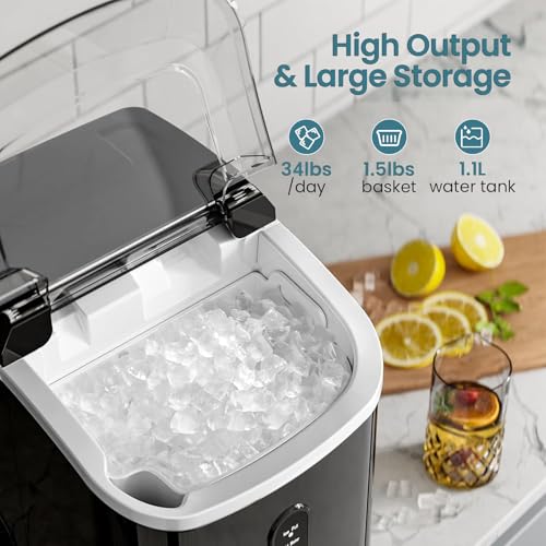Antarctic Star Countertop Ice Maker with Soft Chewable Pellet Ice, 34lbs/24Hrs, One-Click Operation, Self-Cleaning Portable Peddle Ice Machine with Ice Scoop for Kitchen,Office,Bar,RV (Black)