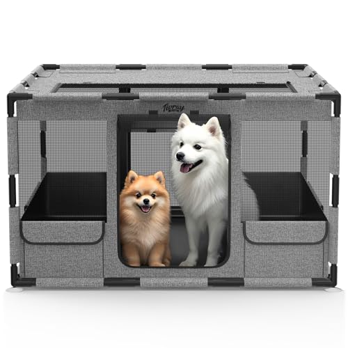 Dog Playpen, 43x43x26 Inches Puppy Playpen Portable with Top Cover, Thickened Fabric Tear Resistant Waterproof Bottom with Breathable Mesh Dog Fence for Indoor and Outdoor, Gray