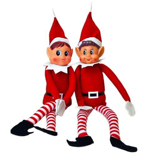 Elfie (Boy) and Elvie (Girl) Set Fun and Playful Elves Behavin' Badly Figure with Soft Body and Vinyl Face-Set of 2, Red
