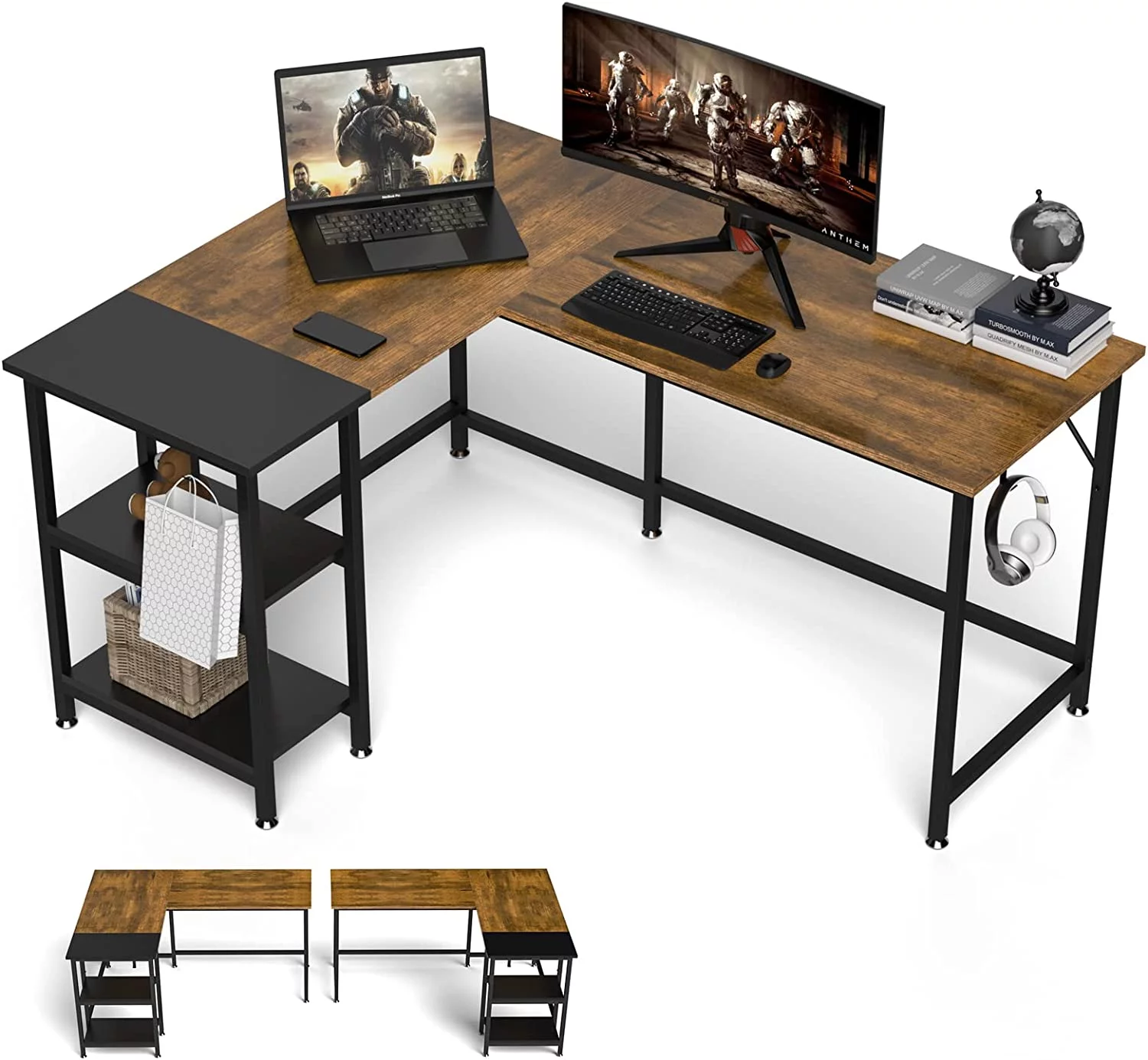 sell well Klvied L Shaped Desk for Home Office  59" Double Color L Table with Storage Shelves  Reversible Corner Computer Desk  Space-Saving Desk Workstation  Simple Wooden Writing Ta