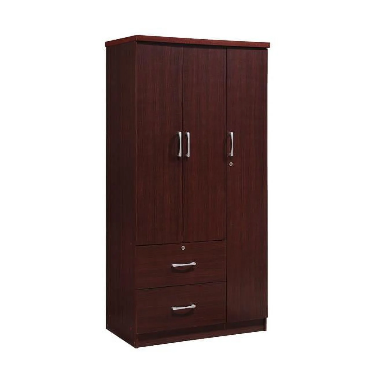 3-Door Armoire with 2-Drawers, 3-Shelves - Mahogany