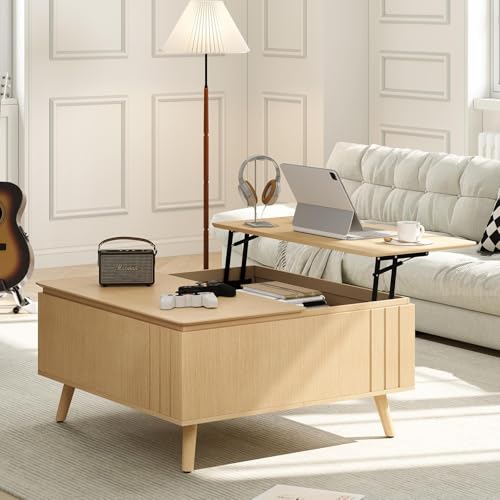 Round Coffee Table with Storage,Fluted Center Table with Sliding Cabinet Door for Living Room,Home Small Space,31.5
