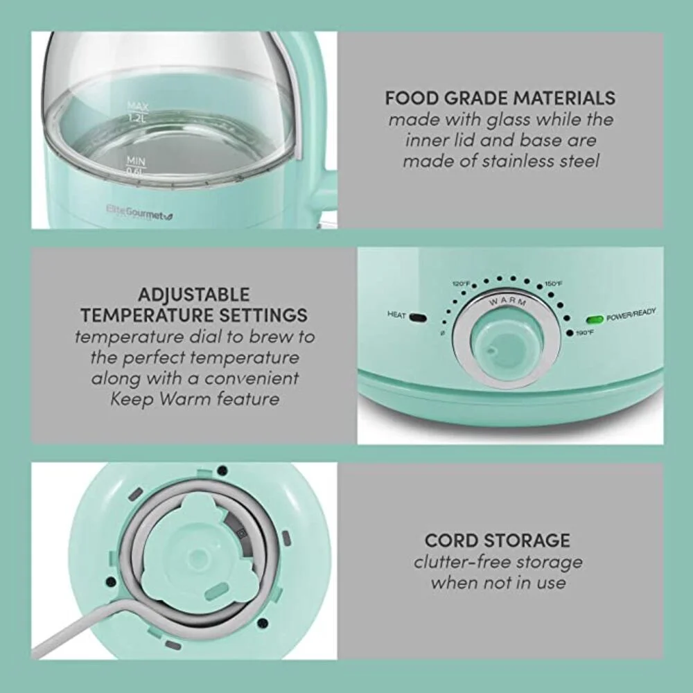 Elite Gourmet 1.2L Adjustable Temperature Electric Glass Kettle (Mint)