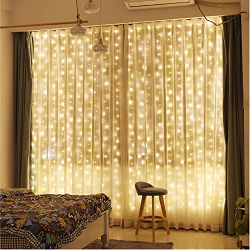 ZSJWL 2 Pack Curtain Lights, 300 LED Curtain Fairy Lights with Remote, 8 Modes 9.8 × 9.8 Ft Curtain String Lights, USB Plug in Copper Wire Lights for Bedroom Window Chrismas Wedding Party, Warm White