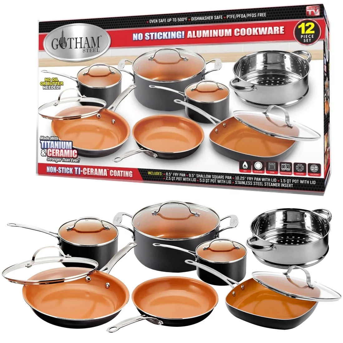 Gotham Steel 12 Piece Non-stick Cookware Set, Dishwasher Safe, Pots and Pans Set