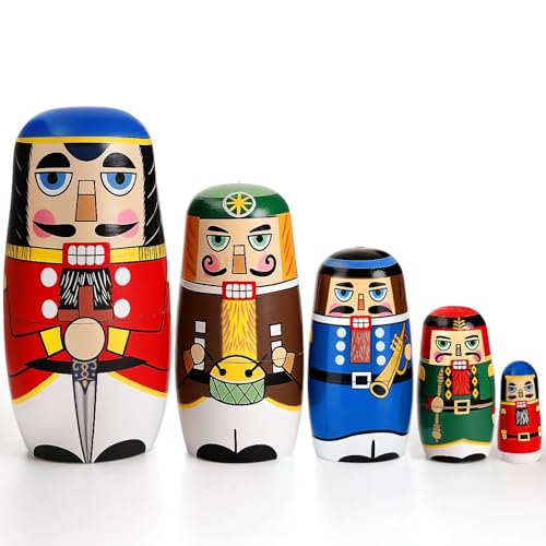 AMOR PRESENT Nutcracker Nesting Dolls, 5pcs Russian Matryoshka Dolls Christmas Nutcracker Figures Handmade Wooden Set