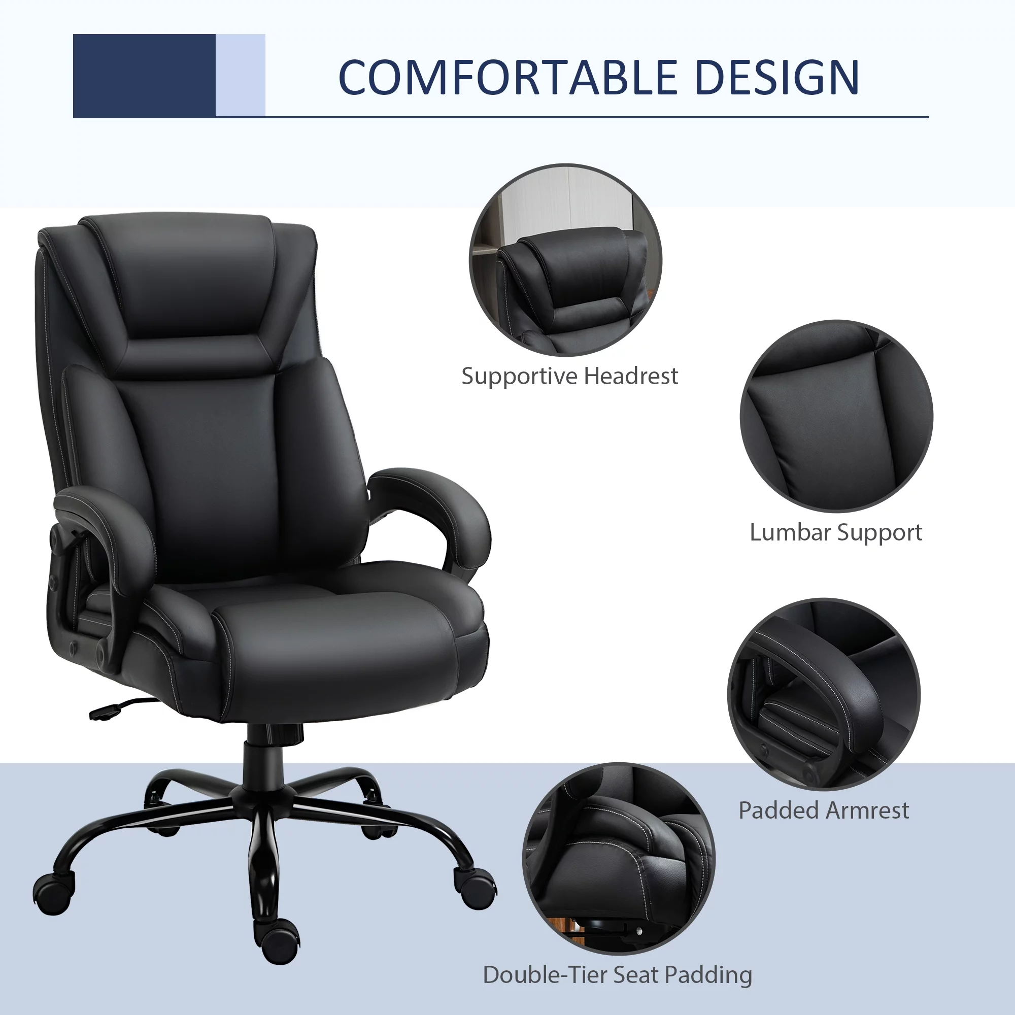 Vinsetto Big and Tall Executive Office Chair 400lbs Computer Desk Chair with High Back PU Leather Ergonomic Upholstery, Adjustable Height and Swivel Wheels, Black