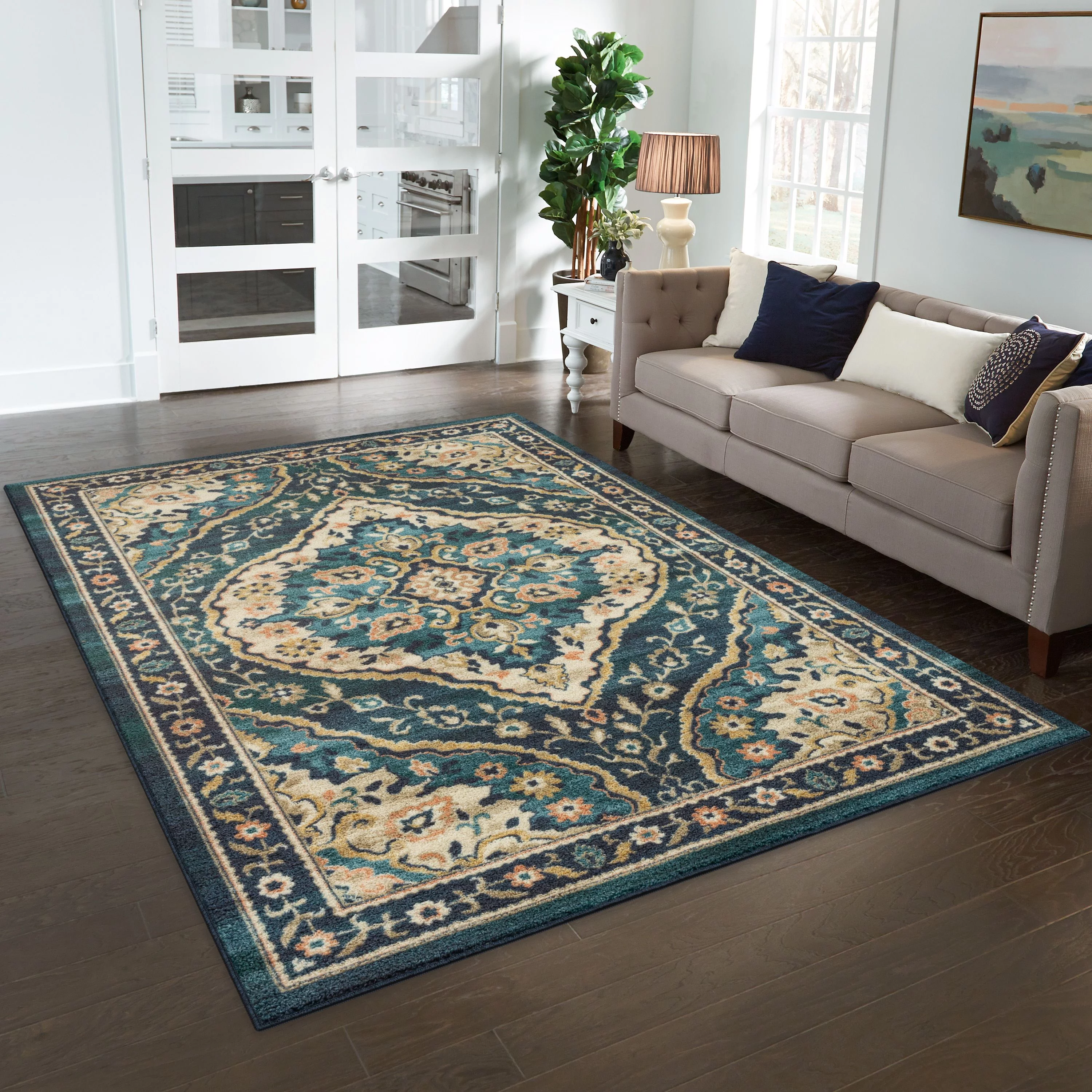 Mainstays Traditional Persian Teal Blue Print Indoor Area Rug, 7' x 10'