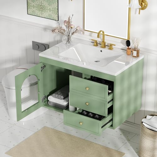 30inch Bathroom Vanity with Sink,Single Sink Bathroom Vanity with 2 Drawers and a Tip-Out Drawer,Easy Assmebly and Clean,for Bathrooms with Small Spaces(White)