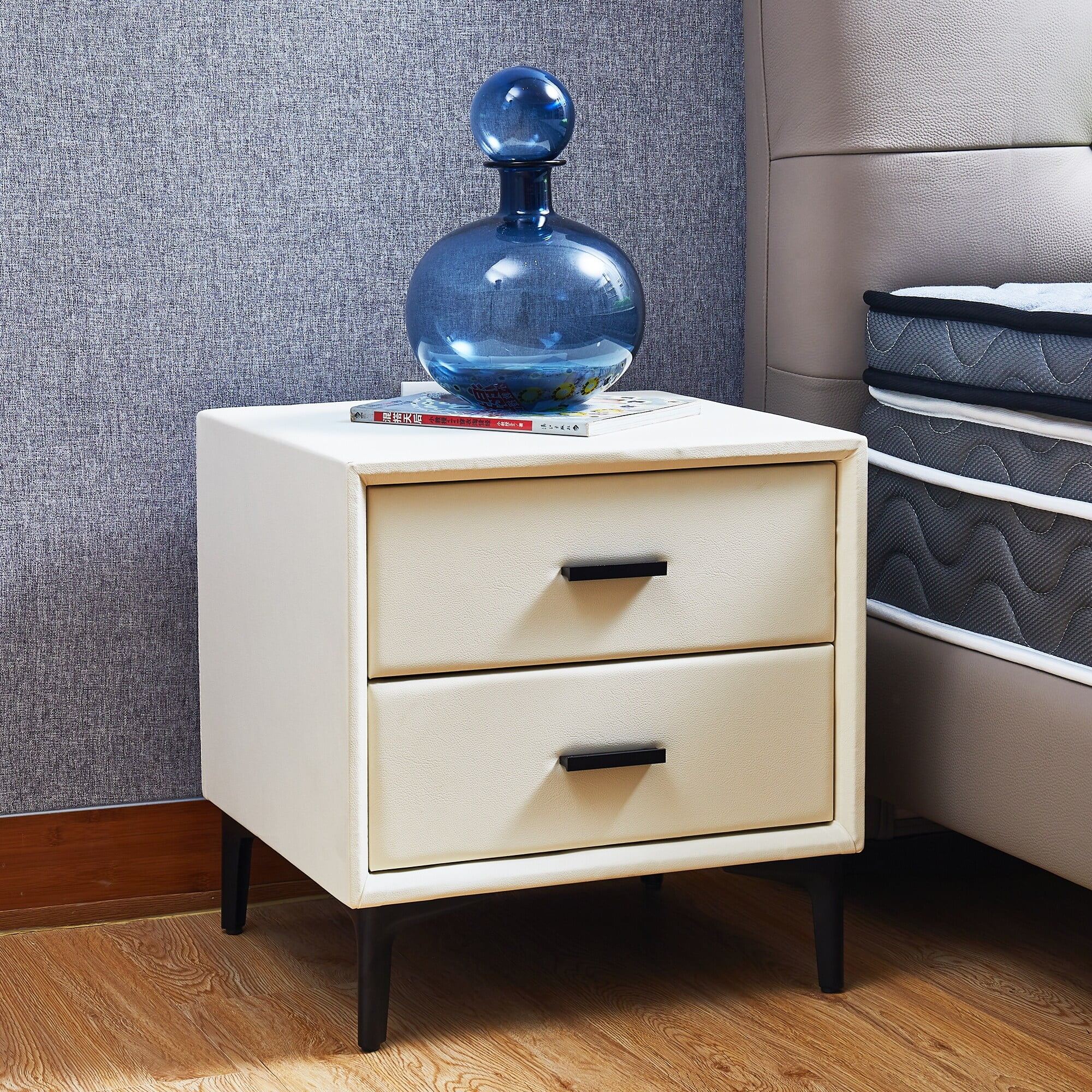 Modern Handmade Leathe Nightstand with 2 Storage Drawers and Exquisite Hardware Legs,for Dorm Rooms, Apartments Blue-gray