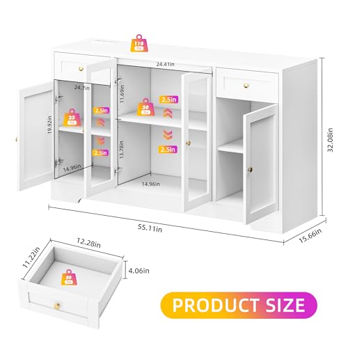 LED Coffee Bar Cabinet with Storage, 55'' Large Sideboard Buffet Cabinet, Wood Coffee Bar Buffet Table with 4 Doors and Charging Station, Modern LED Lights Sideboard for Kitchen, Dining Room