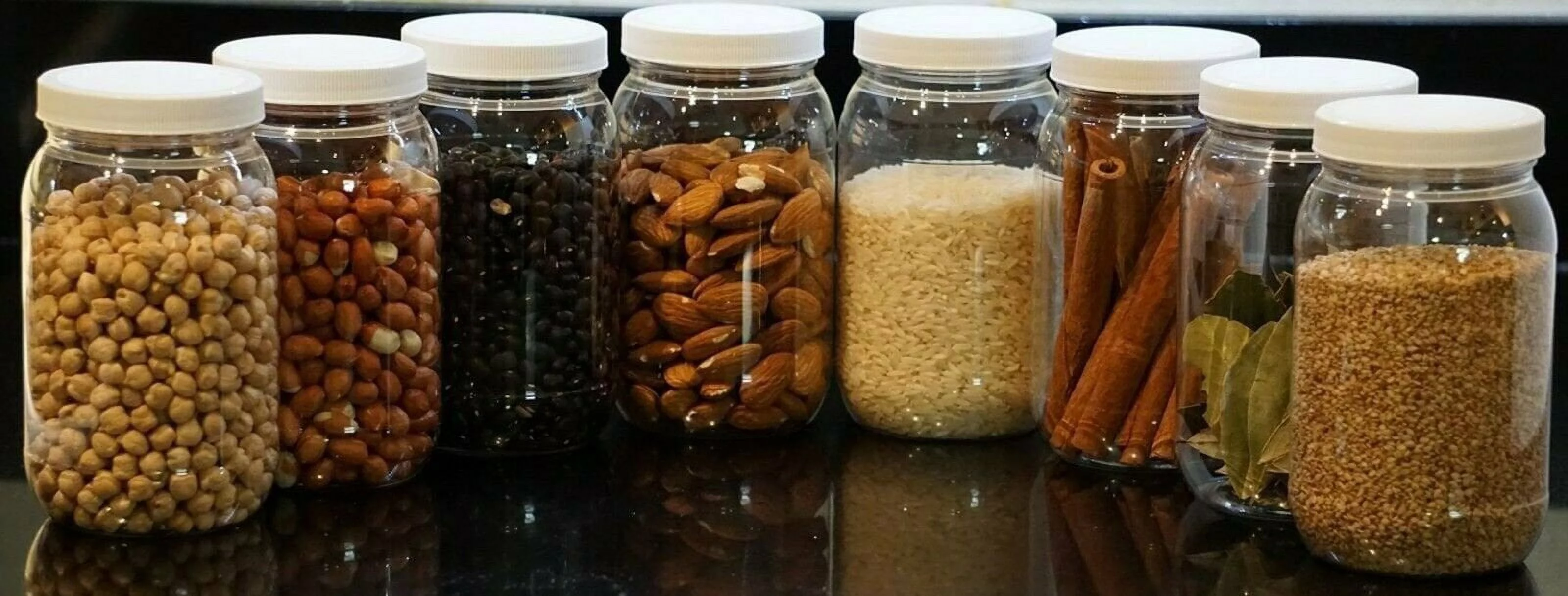 6 32 oz. Plastic Wide Mouth Jars with White Pressurized Sealed Lids Screw on cap PET FDA Approved Commercial Grade Fresh Food Seal Crystal Clear Containers U.S.A. (Pack of 6 32 ounce)