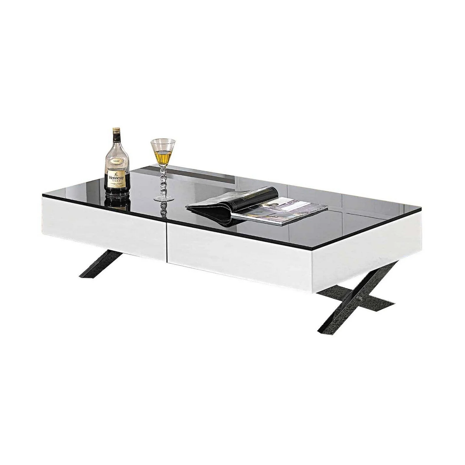 Benjara BM304691 51 in. Tika Black Glass Top Cross Legs White Wood 2 Drawer Coffee Table, Chrome