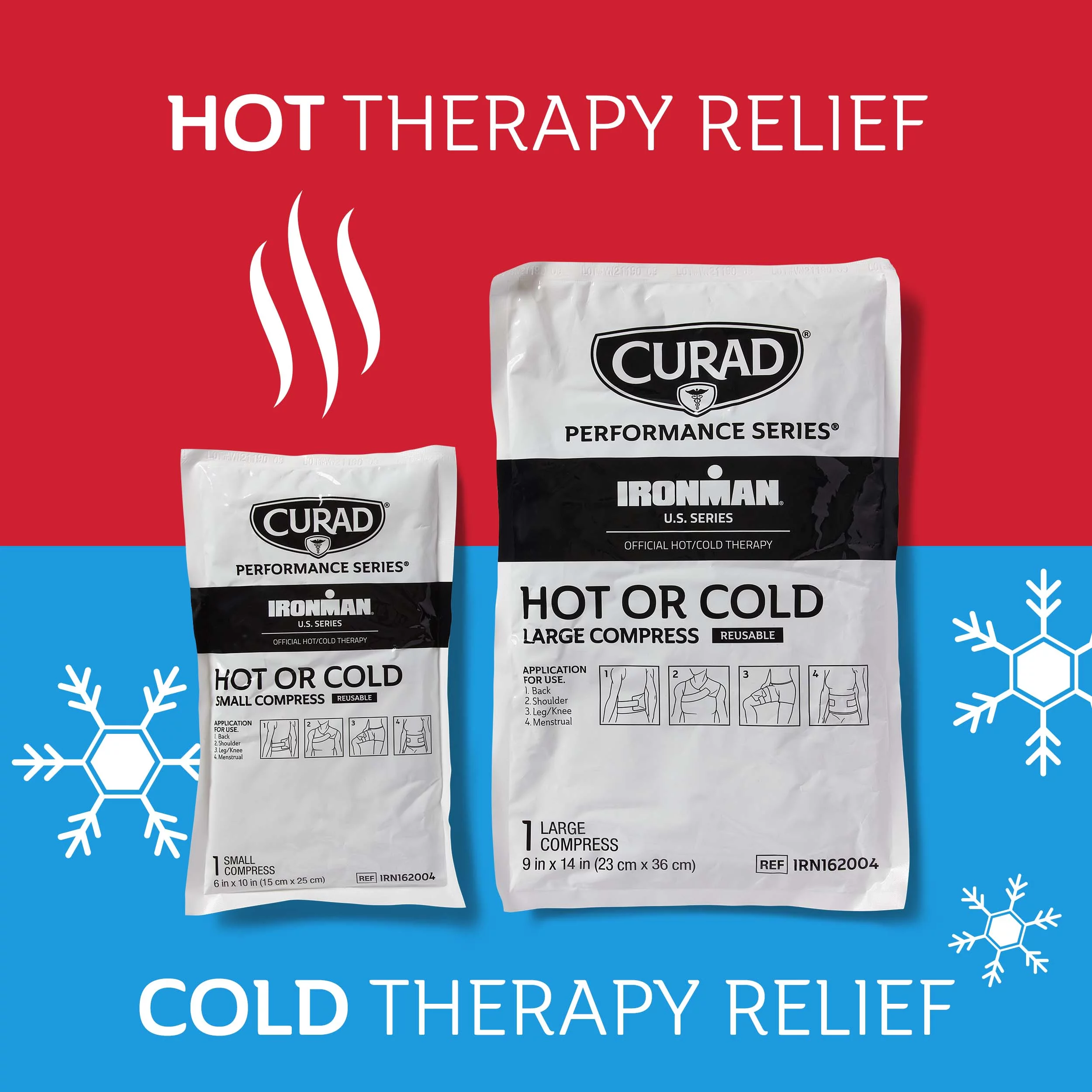 Curad IRONMAN Hot or Cold Therapeutic Combo Packs with Wrap, Reusable Hot or Cold Compress Packs for Injuries, Includes Small and Large, 2 Count