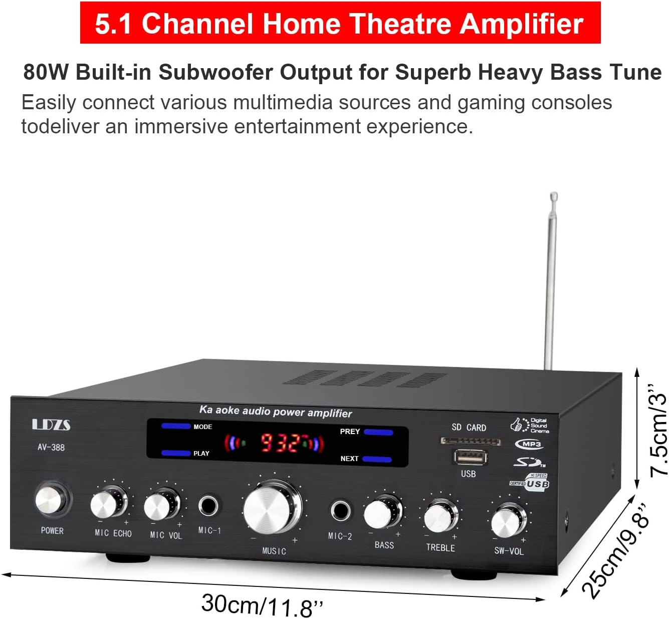 Facmogu AV-388 250W 5.1 Channel Home Audio Amplifier with Subwoofer Speaker Output, 5.1 CH Home Karaoke Theater Power Stereo Receiver, Surround Sound w/BT, RCA Input, FM Antenna, Remote Control