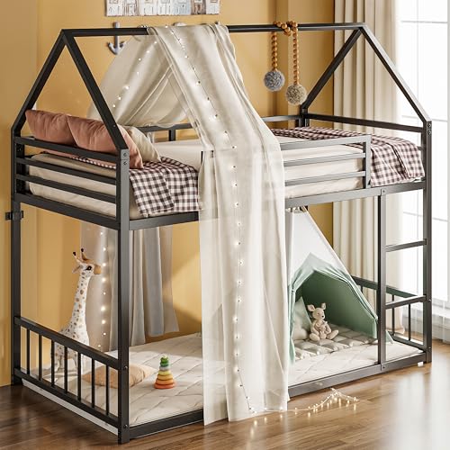 LIKIMIO Bunk Bed Twin Over Twin, House Bunk Bed Frame with Ladder and Guardrail, House Shaped with Metal Slats for Dormitory and Bedroom, Space Saving, No Box Spring Needed, Black
