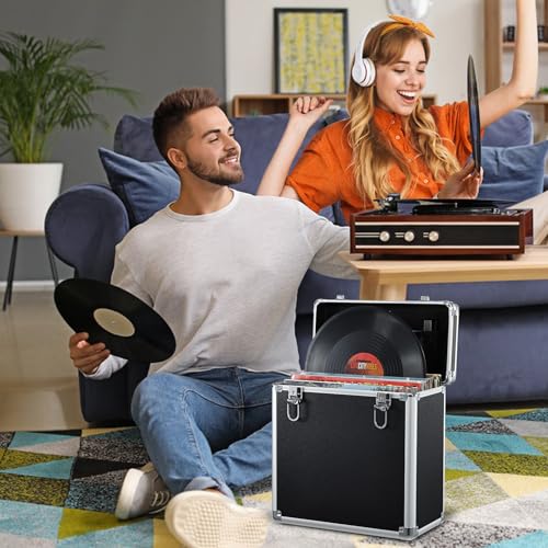 Vinyl Record Storage Case LP Album Collection Display Box Aluminium Water Resistant Vinyl Record Organizer Storage Holds Valuable Records 7/10/12 Inch Collapsible Storage Crate with Mesh Bag Black