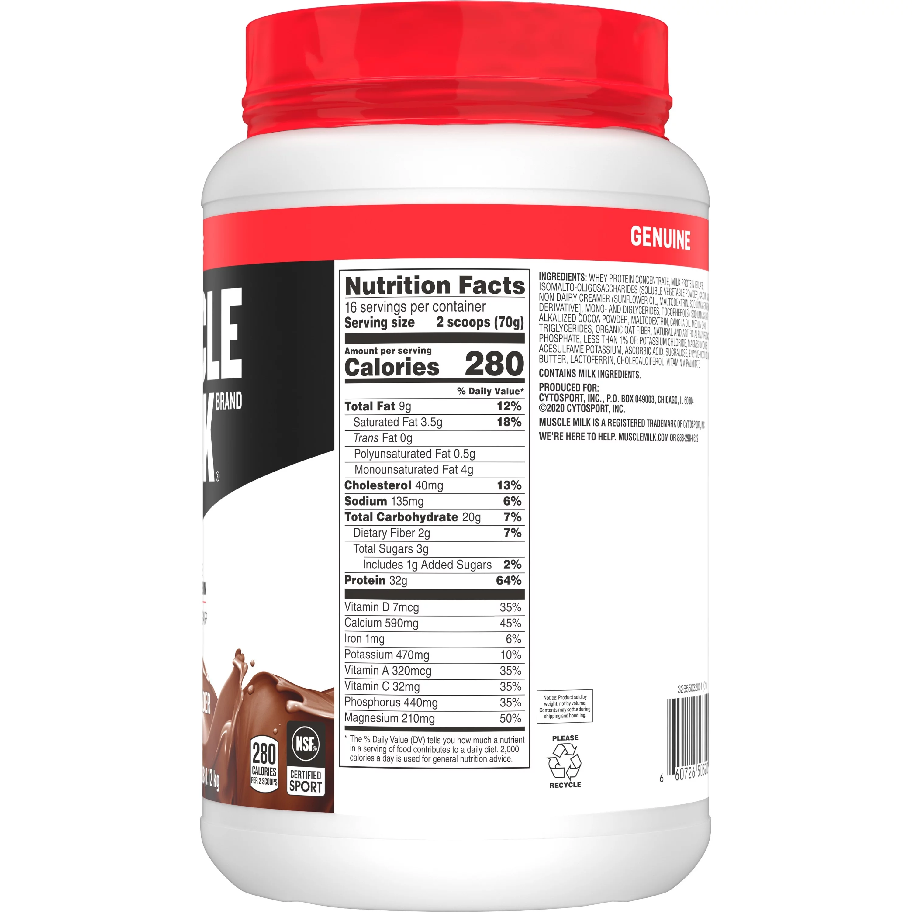 Muscle Milk Genuine Protein Powder, 32g Protein, Chocolate, 2.47 Pound, 16 Servings