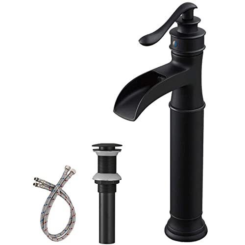 BWE Vessel Sink Faucet Waterfall Matte Black with Pop Up Drain Without Overflow and Supply Lines, Black Sink Faucet Bathroom One Handle Faucets Vanity Bath Mixer Tap