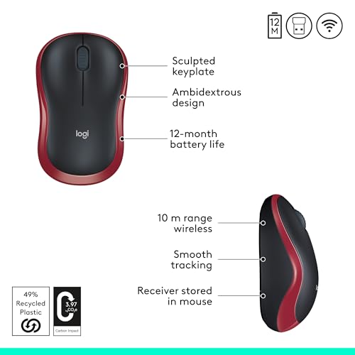 Logitech M185 Wireless Mouse, 2.4GHz with USB Mini Receiver, 12-Month Battery Life, 1000 DPI Optical Tracking, Ambidextrous PC/Mac/Laptop - Swift Grey