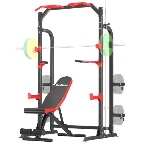 SunHome Power Cage Squat Rack with Bench, Multi-Functional Power Rack with J-Hooks, Dip Handles, Weight Plate and Olympic Bar Storage Home Gym