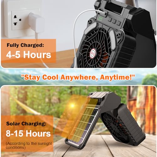Solar Camping Fan with 10400mAh Built-in Rechargeable Battery,Dual-Power Outdoor Fan,Portable Fan with Timer,Phone Charging,LED Lantern,for Camping,Fishing,Power Outage,Hurricane(Black-Orange)