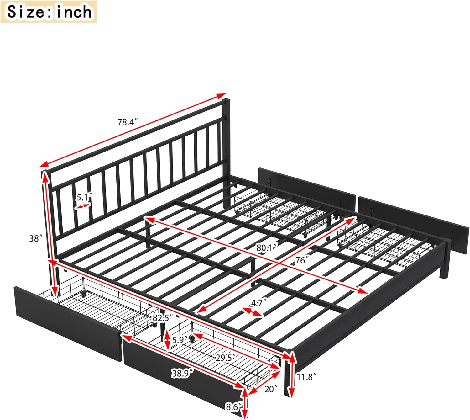 Kig Size Meal Sorage Plaform Bed Wih 4 Drawers, Meal Sorage Plaform Bed Wih Headboard, Kig Plaform Bed Frame Wih Sorage For Guesroom Bedroom, Black