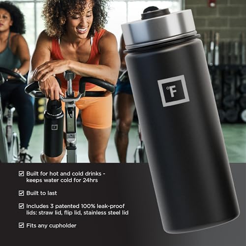IRON °FLASK Camping & Hiking Hydration Flask with 3 Lids - Stainless Steel, Double Walled & Vacuum Insulated Water Bottle - Leak Proof & BPA Free (Midnight Black, Straw - 40 oz)