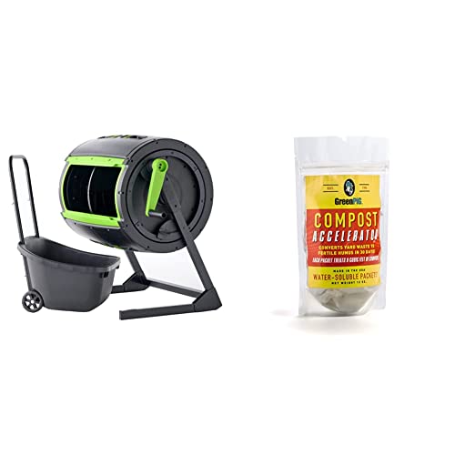 Maze 65 Gallon Dual Chamber Compost Tumbler with Large Double Door and Open Base and Comes with Maze Compost Cart