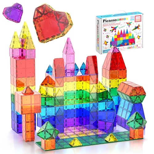 PicassoTiles 60 Piece Set 60pcs Magnet Building Tiles Clear Magnetic 3D Blocks Construction Playboards - Creativity beyond Imagination, Inspirational, Recreational, Educational, Conventional