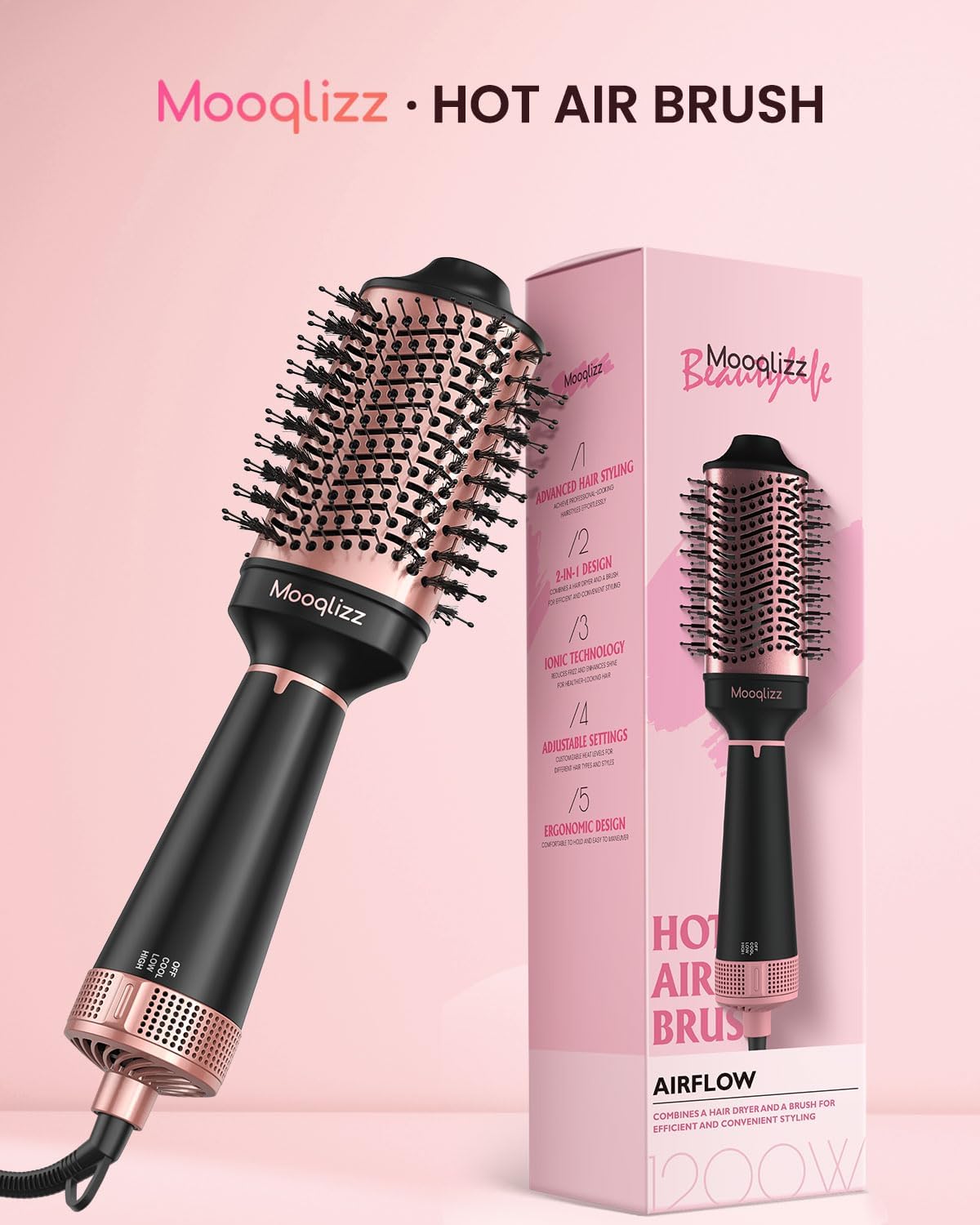 Hair Dryer Brush Blow Dryer Brush in One, Hot Air Brush Volumizer Round Brush, 4 in 1 Fast Drying Blowout Brush, Pink Black