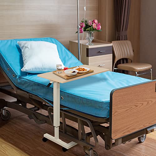Medacure Hospital Bed Table, Light Oak - Overbed Table with Wheels & Adjustable Height - Food, Laptop, and Reading Overbed Desk - 50lb Capacity Over The Bed Table