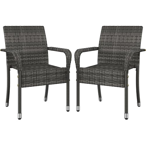 Yaheetech Set of 2 Stackable Outdoor Rattan Dining Chairs, All-Weather Firepits Armchair w/Armrests, Steel Frame for Garden, Patio, Deck, Yard, Poolside, Gray