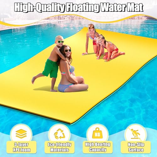 Floating Water Mat,6/7/8/9/10/12/18FT Lily Pad Floating Mats for The Water,3-Tier XPE Foam Floating Water Pad for Adults Kids with Bungee Tether/Storage Strap,Floating Mat for Lake,Pool,Beach