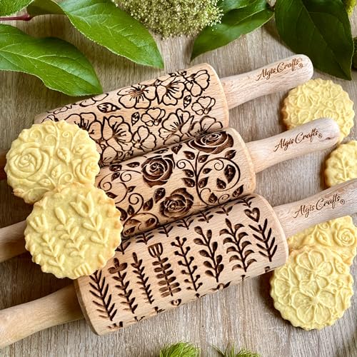 WILD 3 mini Embossed Rolling Pin Set with Bees, Meadow and Forest Patterns by Algis Crafts for Cookies and Pottery by Algis Crafts