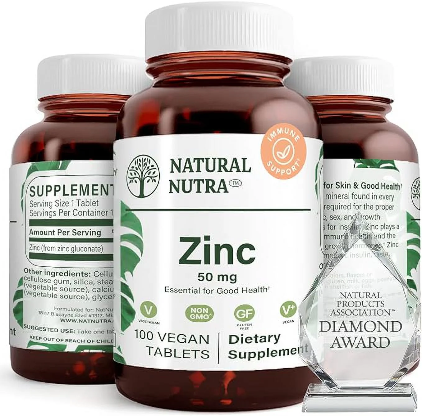Natural Nutra Zinc Gluconate 50mg Supplement for Immune Support, Skin, Enhance Taste and Smell, Gluten Free 50mg 100 Vegan Tablets