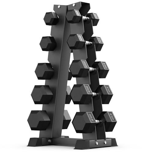 PAPABABE Hex Dumbbell Set with Rack, Rubber Encased Dumbbell Free Weights Set for Home Gym