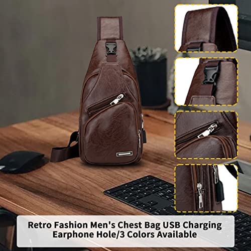 Crossbody Sling Bag,Men Women Waterproof Leather Sling Backpack Bag USB Charging,Small Chest Bag with Earphone Hole