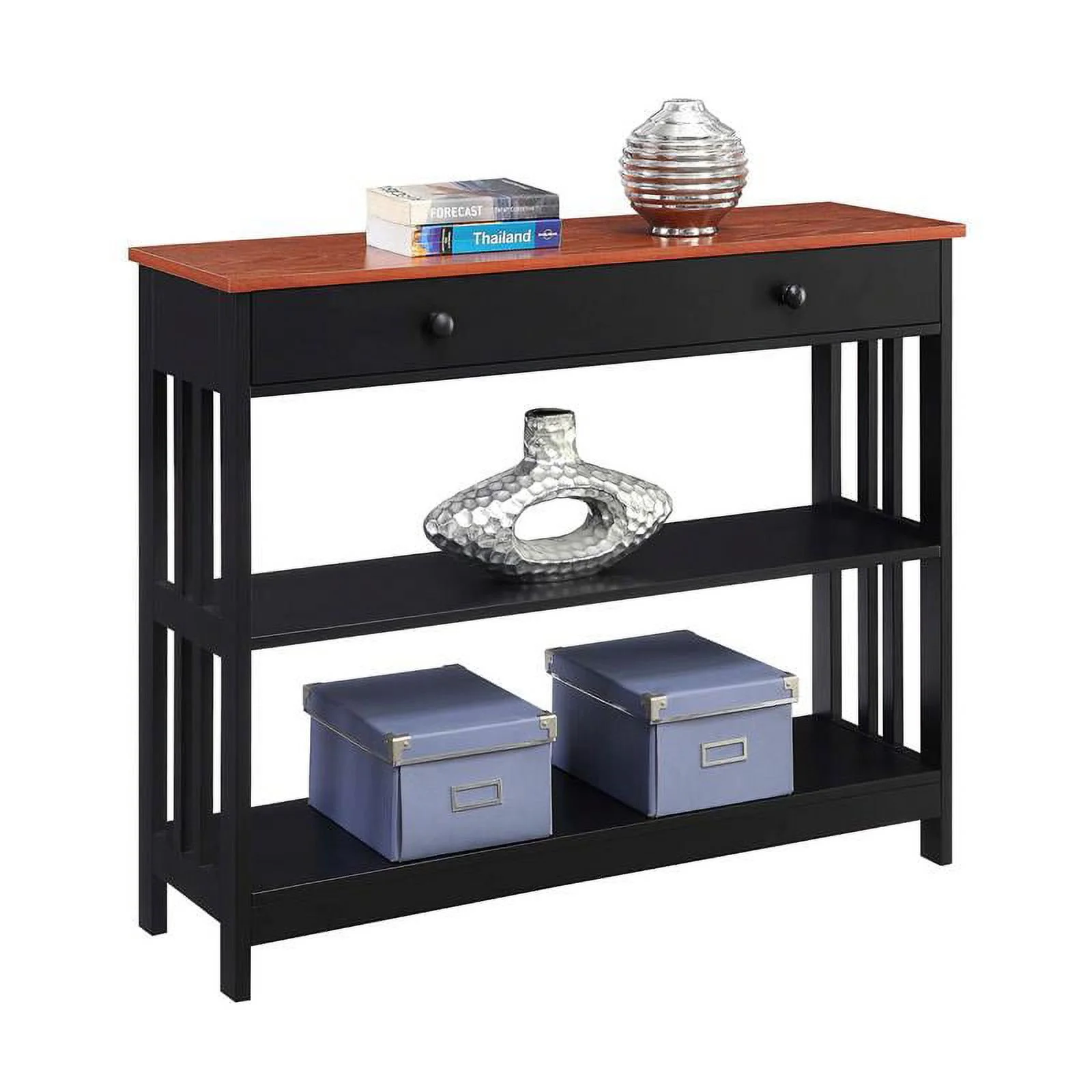 Pemberly Row Contemporary Cherry 1 Drawer Console Table in Black Wood Finish