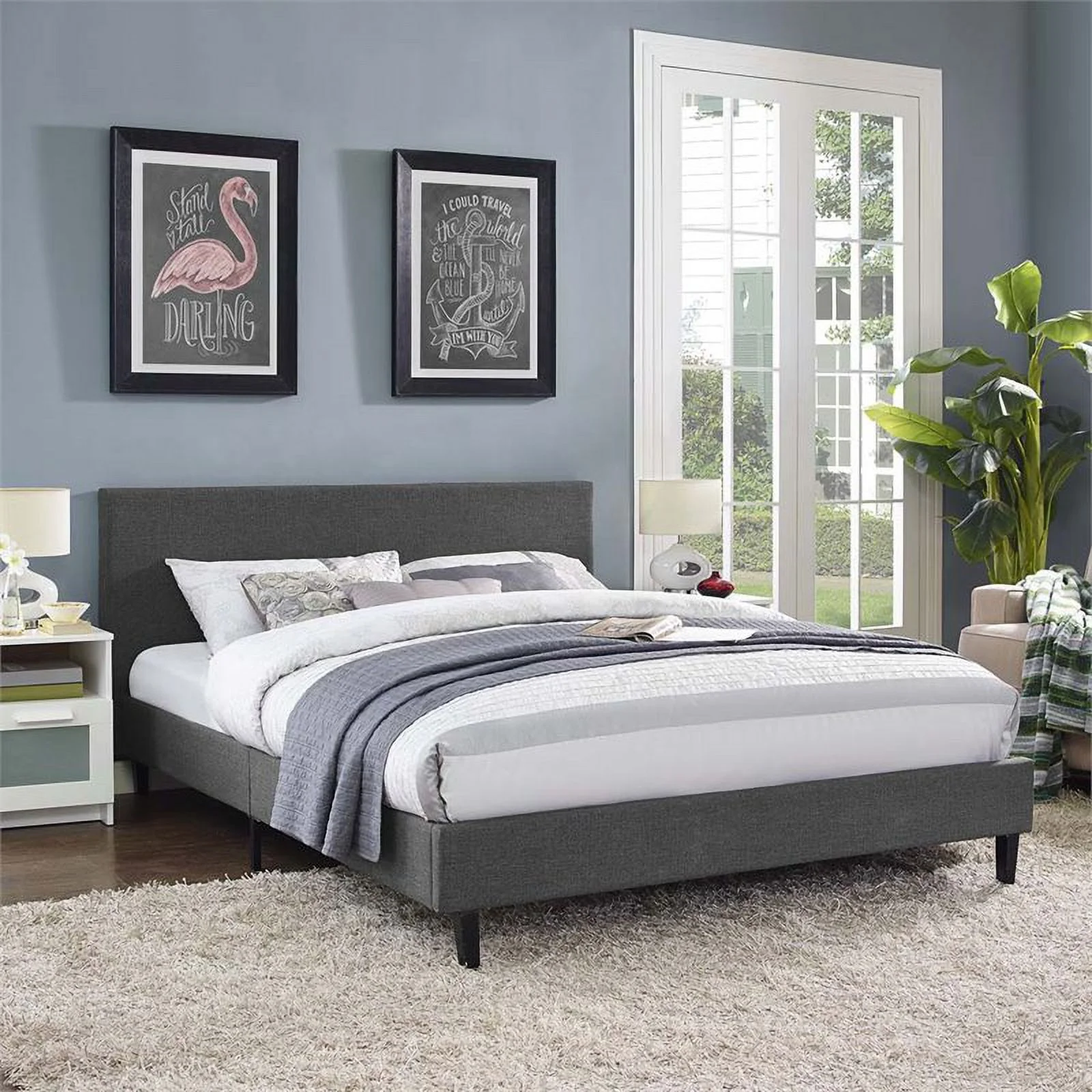 Hawthorne Collections Modern Upholstered Fabric Queen Platform Bed in Light Gray, with Wood Slat Support