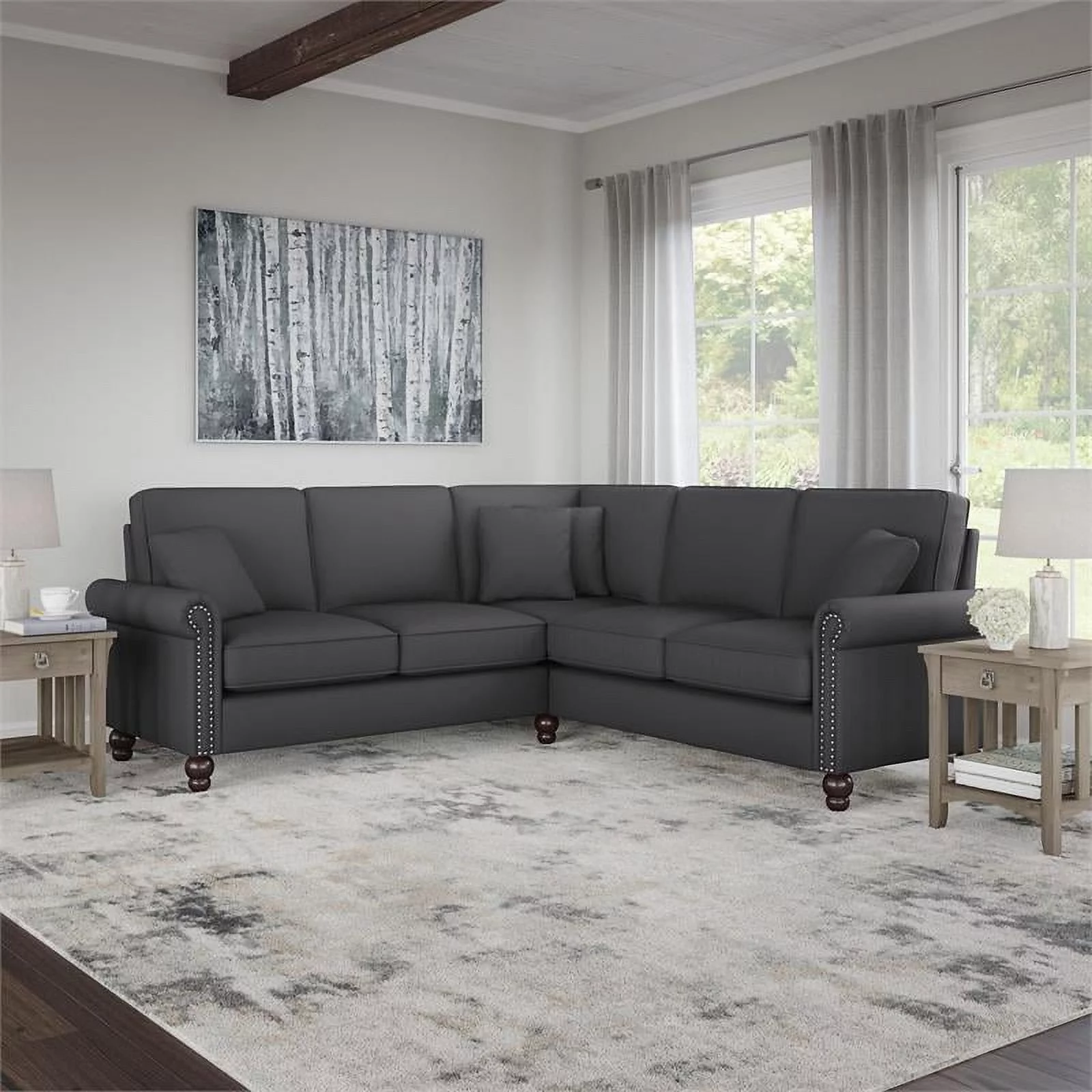 Pemberly Row 87W L Shaped Sectional in Charcoal Gray Herringbone Fabric