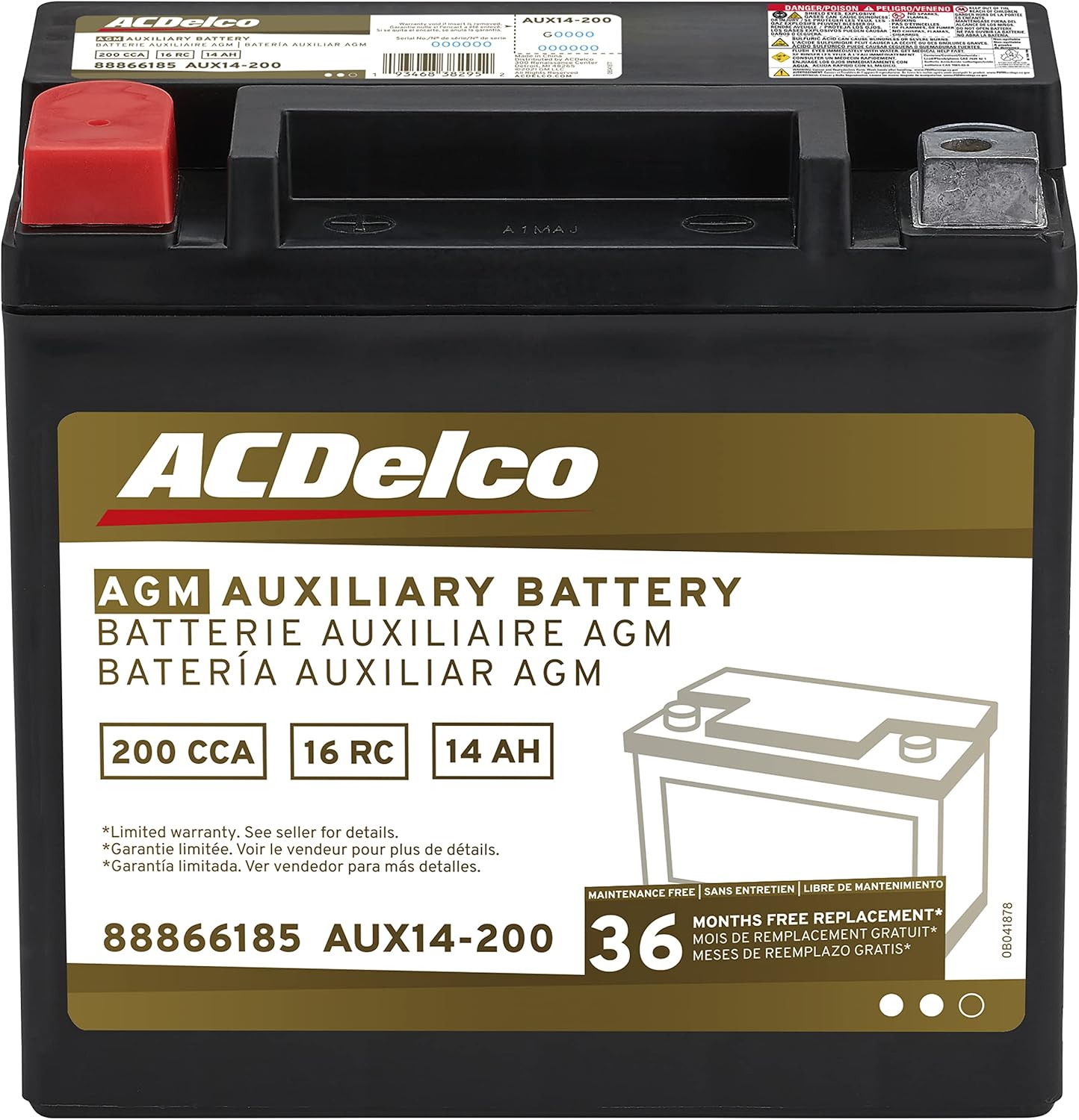 ACDelco Gold AUX14-200 36 Month Warranty Auxiliary AGM 200 CCA Battery