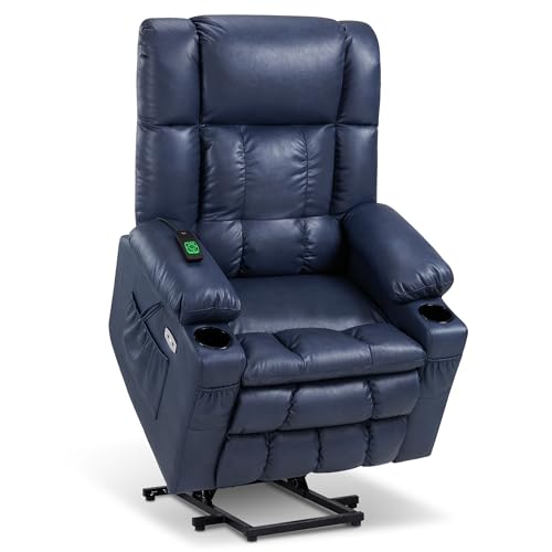 MCombo Dual Motor Power Lift Recliner Chair for Elderly, Lay Flat Lift Chair with Heat and Massage, Cup Holders, USB Ports, Faux Leather 7890 (Black, Medium)