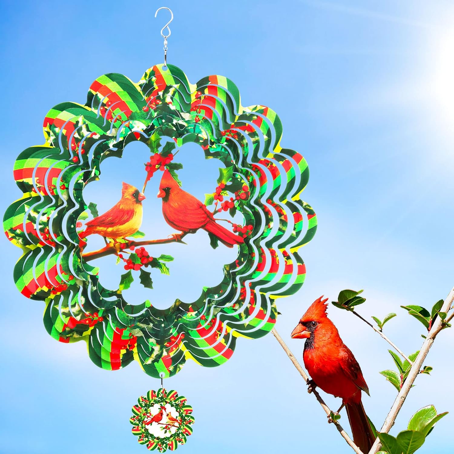 Cardinal Wind Spinner, 3D Wind Spinners Outdoor Metal Clearance, 12 Inches Green Garden Bird Spinner Hanging Yard Art, Large Colorful Spinning Wind Catcher, Wind Sculpture Spinifity Ornaments Gifts